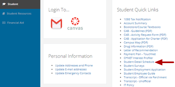 Click on Student Detail Schedule